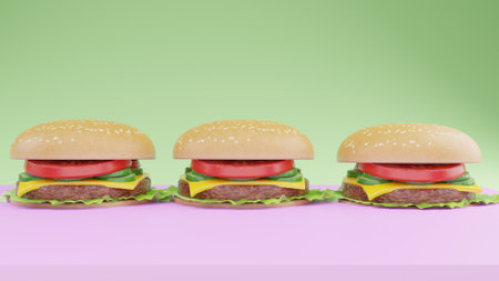 Three hamburgers on a pink table against green vignetteの写真素材