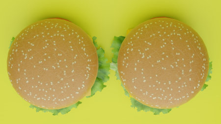 two hamburgers on a yellow background, top view, 3d renderingの写真素材