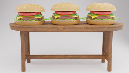 Three hamburgers on a wooden table. 3d rendering.の写真素材