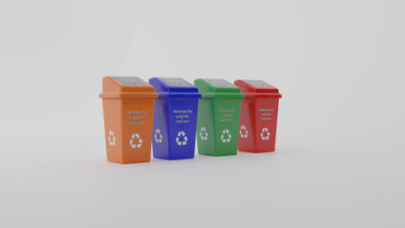 3D rendering of a group of recycling bins isolated in white studio backgroundの写真素材