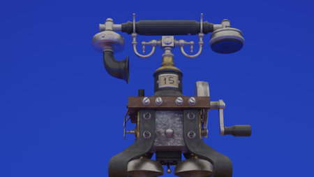 Vintage telephone receiver on blue background. 3d rendering. Computer digital drawing.の写真素材