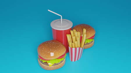 Fast food 3d render. Hamburger, french fries and soda.の写真素材