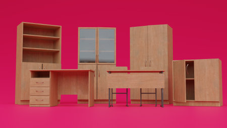 3d render of a wooden table and a cupboard on a pink backgroundの写真素材