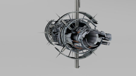 3D rendering of a space station with bullet holes isolated on gray background