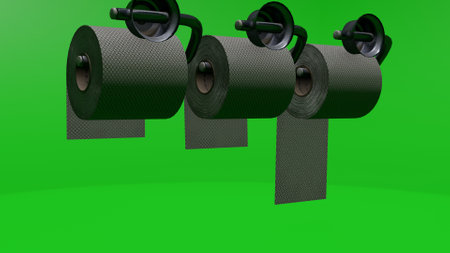 Row of black toilet paper rolls on green background. 3D renderingの写真素材