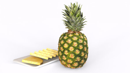 pineapple and pineapple pieces with white backgroundの写真素材