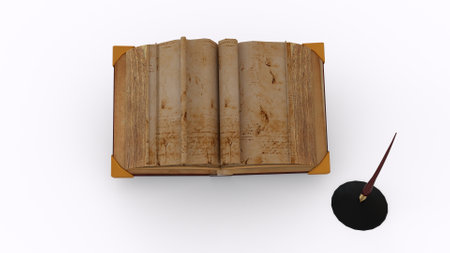 old book with pen with white backgroundの写真素材