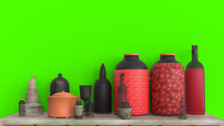 shelf with green backgroundの写真素材