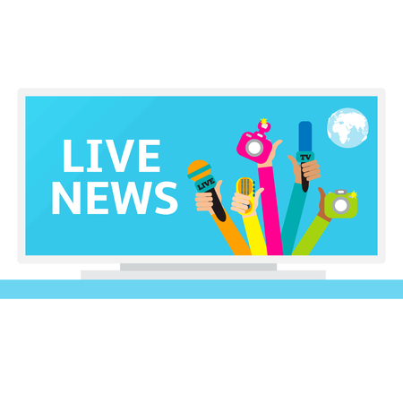 Live report concept, live news - set of hands holding microphones and voice recorders.
Breaking news flat style vector illustration. Mass media signs, symbols, objects, icons, abstract elements.のイラスト素材
