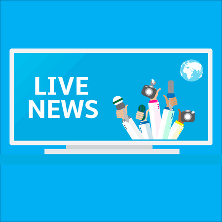 Live report concept, live news - set of hands holding microphones and voice recorders.Breaking news flat style vector illustration. Mass media signs, symbols, objects, icons, abstract elements.のイラスト素材