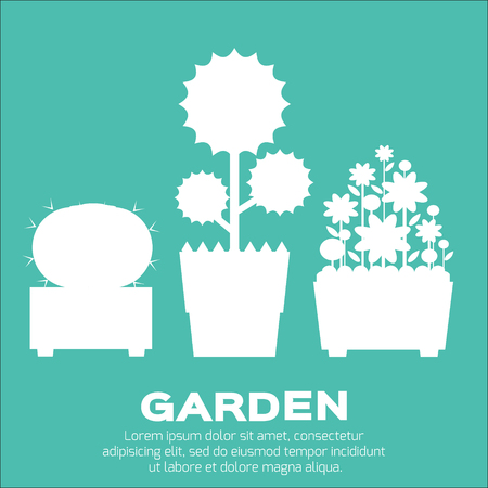 Set of garden silhouettes elements - tree,cactus, flowerbed, flowers in flat style. Spring and summer.のイラスト素材