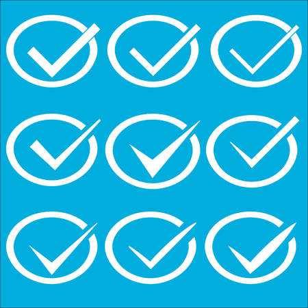 Set of nine different vector check marks or ticks in circles conceptual of confirmation acceptance positive passed voting agreement true or completion of tasks on a listのイラスト素材