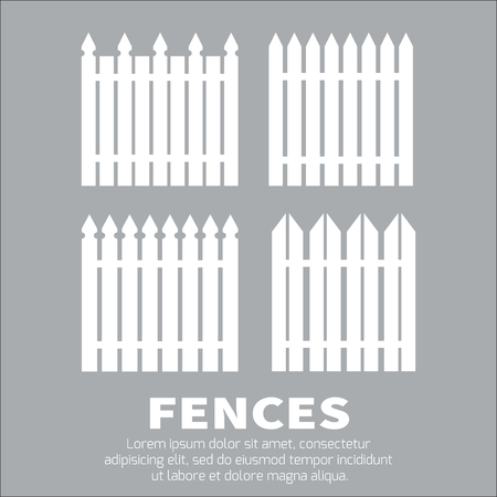 Vector set of white rural fences silhouettes. Garden Park Yard elements.のイラスト素材