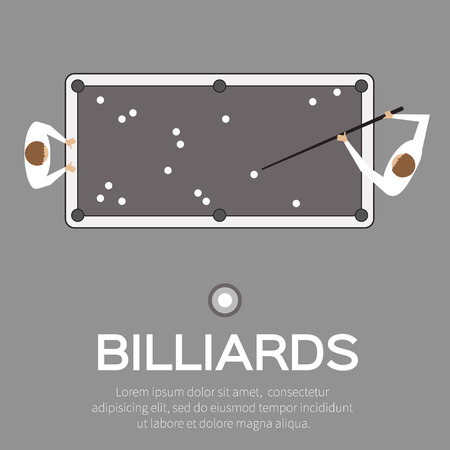 Billiards, pool, snooker game. Balls triangle, cue on table. Man playing professional billiards, pool, snooker - Vector illustration.のイラスト素材