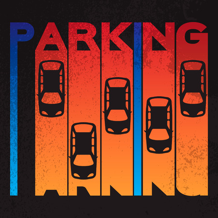Colorful design style of signature â parking- on textured background. Top View Parking lot design Simple bright symbol - car. Many cars parked Template for your print or design on black background. Vector flat illustrationのイラスト素材
