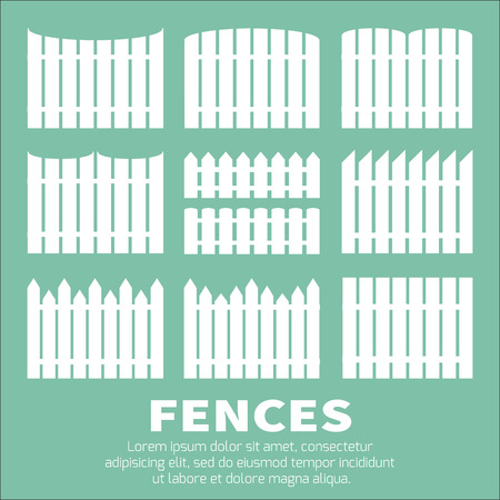 Vector set of white rural fences silhouettes. Garden Park Yard elements.のイラスト素材