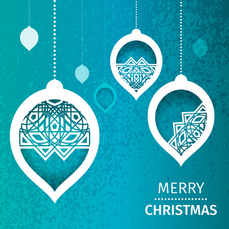 Merry Christmas Abstract blue background with snowflakes, paper round ball,garland - tree decorations. Xmas ornaments. Vector illustration - eps10のイラスト素材