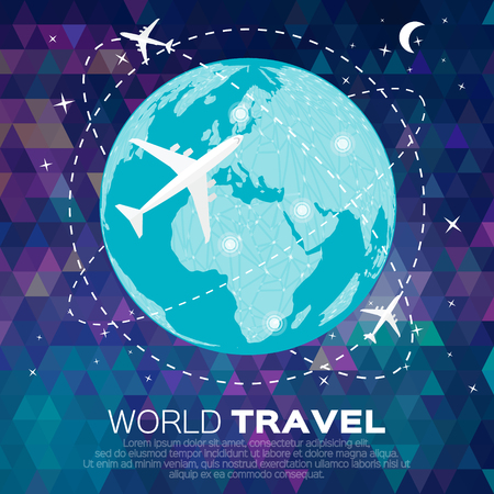 Travel World map background in polygonal style bacground with top view airplane. Vector illustration design.のイラスト素材
