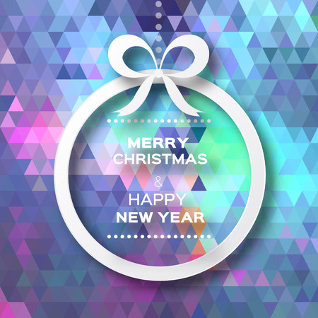 Merry Christmas and Happy New Year. View of white christmas ball and bow on polygonal background. Paper cut style.のイラスト素材