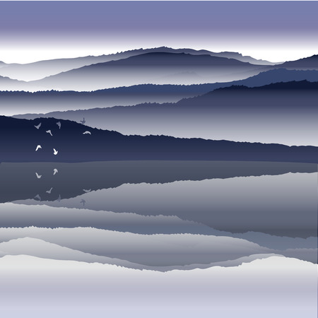 View of blue mountains reflected in the water.Mountain  landscape.のイラスト素材