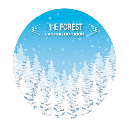 Wild forest background. Origami pine tree. Applique landscape nature. Paper cut style -  wood panorama circle template. Outdoor camping design. Vector illustrationのイラスト素材