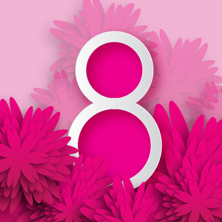 Abstract Floral Greeting card with 8 March flower - paper cut style greeting card, gift card. Internationalのイラスト素材