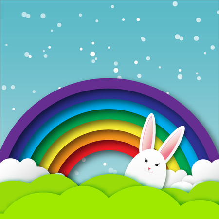 Greeting card with Happy Easter - with white Easter rabbit. Spring Funny Bunny. Easter Bunny. Easter Eggのイラスト素材