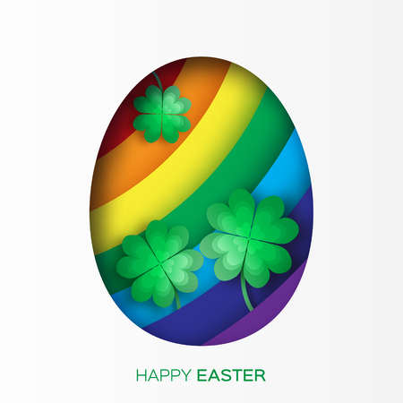 Greeting card with Happy Easter - with Easter Egg,rainbow and clover. Vector illustrationのイラスト素材