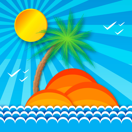 Origami Tropical sea with bright sun, island and palm tree. Applique Summer vector landscape - turquoise sea with waves on a blue sky with white birds.Vector illustrationのイラスト素材