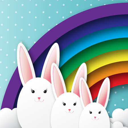 Origami Greeting card with Happy Easter - with white Easter rabbit and rainbow. Spring Funny Bunny. Easter Bunny. Easter Eggのイラスト素材