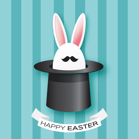 Origami Blue Greeting card with Happy Easter - with white Easter rabbit with black mustache. Bunny ears in magician or illusionist hat. Hiding rabbit. Spring Funny Bunny. Easter Bunny. Easter Eggのイラスト素材