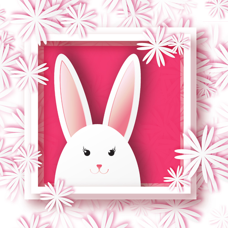 Origami Greeting card with Happy Easter - with white Easter rabbit on floral background. Spring Funny Bunny with applique white flower and square frame. Easter Bunny. Easter Eggのイラスト素材