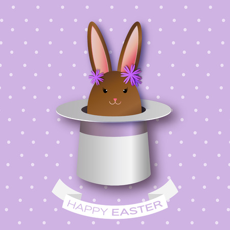 Origami Purple Greeting card with Happy Easter - with Chocolate Easter rabbit and flowers. Bunny ears in magician or illusionist hat. Hiding rabbit. Spring Funny Bunny. Easter Bunny. Easter Eggのイラスト素材