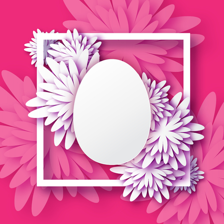 Abstract Pink White Floral Greeting card - Happy Easter Day -  Spring Easter Egg. Holiday background with paper cut Frame Flowers.Trendy Design Template. Vector illustration.のイラスト素材