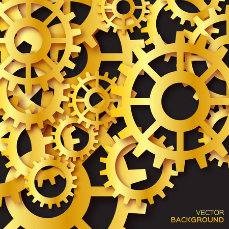 Mechanism system cogwheels. Golden foil gears. Origami paper cut style tech project on black background. Vector illustration.のイラスト素材