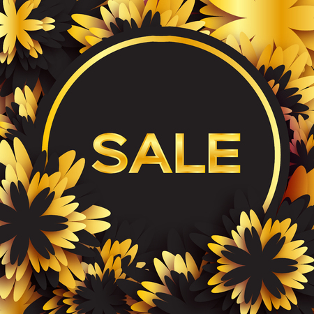 Golden Foil Spring Summer Sale banner with frame for business. Applique Card with origami flowers. Offers message. Trendy Design Template for card, vip, gift, voucher, present. Vector illustration.のイラスト素材