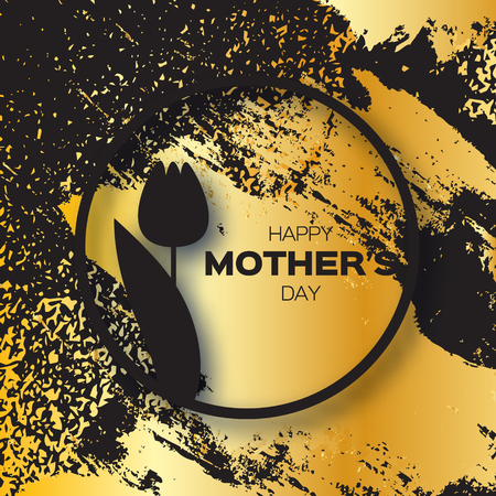Golden foil Floral Greeting card - Happy Mother's Day - Gold Sparkles holiday background with with Spring Tulip. Paper cut Frame Flowers.Trendy Design Template for card, vip, gift, voucher, present.のイラスト素材
