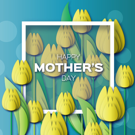 Abstract Yellow Floral Greeting card - Happy Mothers Day - With Bunch of Spring Tulips. Flower holiday background with paper cut frame. Beautiful bouquet.Trendy Design Template. Vector illustration.のイラスト素材