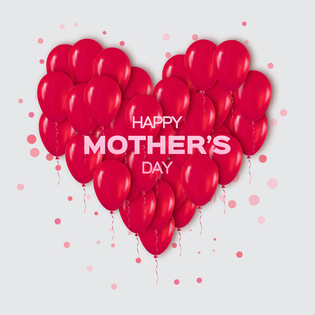 Realistic 3d Red Heart Bunch of  Balloons Flying for Party and Celebrations with confetti. Trendy Design title element of International Happy Mother's day. Vector Illustration.のイラスト素材