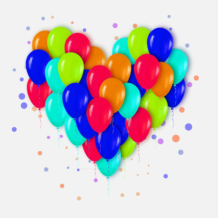 Realistic 3d Colorful Heart Bunch of  Balloons Flying for Party and Celebrations with confetti. Trendy Design element of Happy Birthday or Valentine's day. Vector Illustration.のイラスト素材