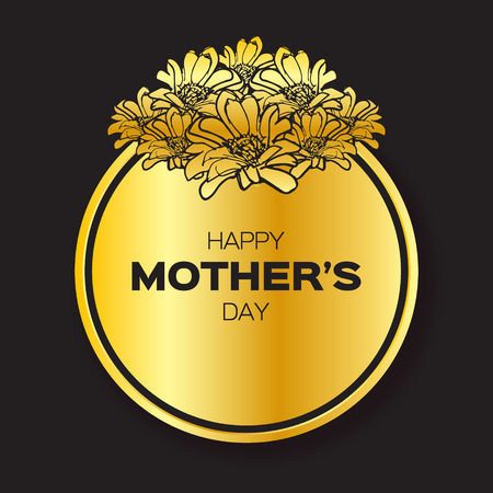 Golden foil Floral Greeting card - International Happy Mothers Day - with Bunch of Spring Flowers. Holiday black background. Beautiful bouquet. Trendy Design Template. Vector illustration.のイラスト素材