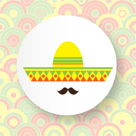 Abstract Mexican face with large mustache and sombrero hat cartoon flat style design element. Vector illustration.のイラスト素材