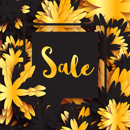 Golden Foil Spring Summer Sale banner with frame for business. Applique Card with origami flowers. Offers message. Trendy Design Template for card, vip, gift, voucher, present. Vector illustration.のイラスト素材
