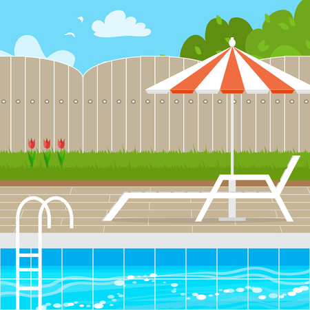 Chaise Lounge with Parasol umbrella near the Swimming pool. House backyard.  Summer resort vacation background. Water beach vacation. Vector Design illustration.のイラスト素材