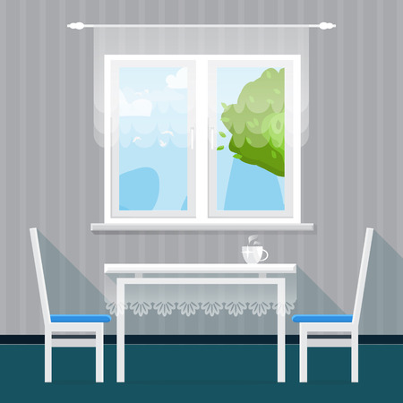 Grey Interior Dining Room. Dining table with cup and chairs. Furniture. Kitchen. Home Interior Objects. Style vector illustrationのイラスト素材