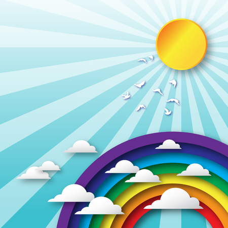 Origami clouds fly to sky and colorful rainbow, sun and birds. Vector applique illustrations.のイラスト素材