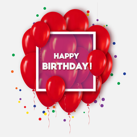 Realistic 3d Red Balloons Flying for Party and Celebrations.Trendy Design element with Happy Birthday title and rectangle frame and confetti on white background. Vector Illustration.のイラスト素材