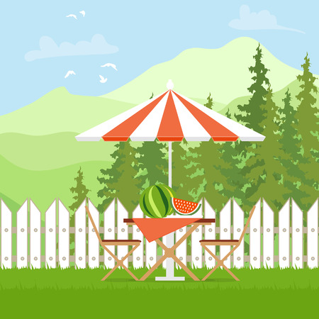 Summer picnic. Outdoor recreation. Table with chairs,umbrella and watermelon. Vector illustration in flat style and blue backgroundのイラスト素材