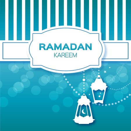 Blue Stripes Ramadan Kareem celebration greeting card. Hanging arabic lamps, stars and crescent moon. Holy month of muslim. Symbol of Islam. Moon Ramadan. Vector illustration.のイラスト素材