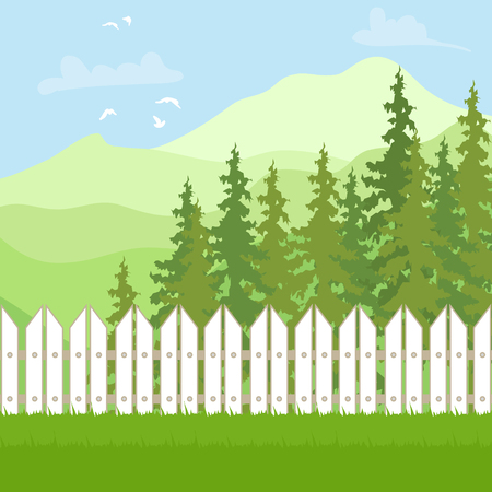 Summer Outdoor recreation. Mountain Landscape with forest and fence. Vector illustrationのイラスト素材